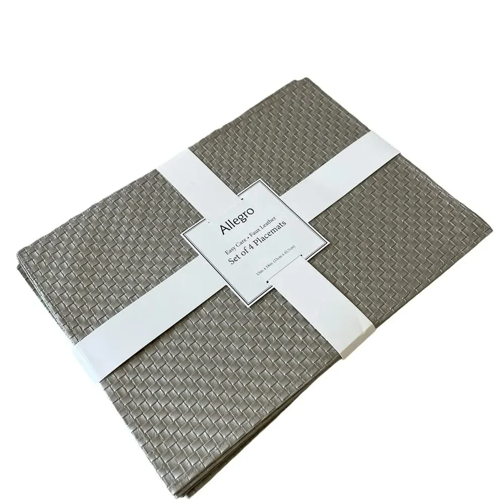 Allegro Metallic Silver Faux Leather Placemats 13x18 Set of 4 Holiday Glam NEW